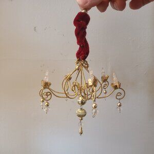 VTG Beaded Chandelier Ornament Gold W/ Red Velvet Top Candle Shaped 7"